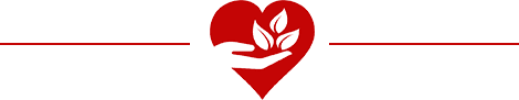 A red heart with two hands holding leaves.